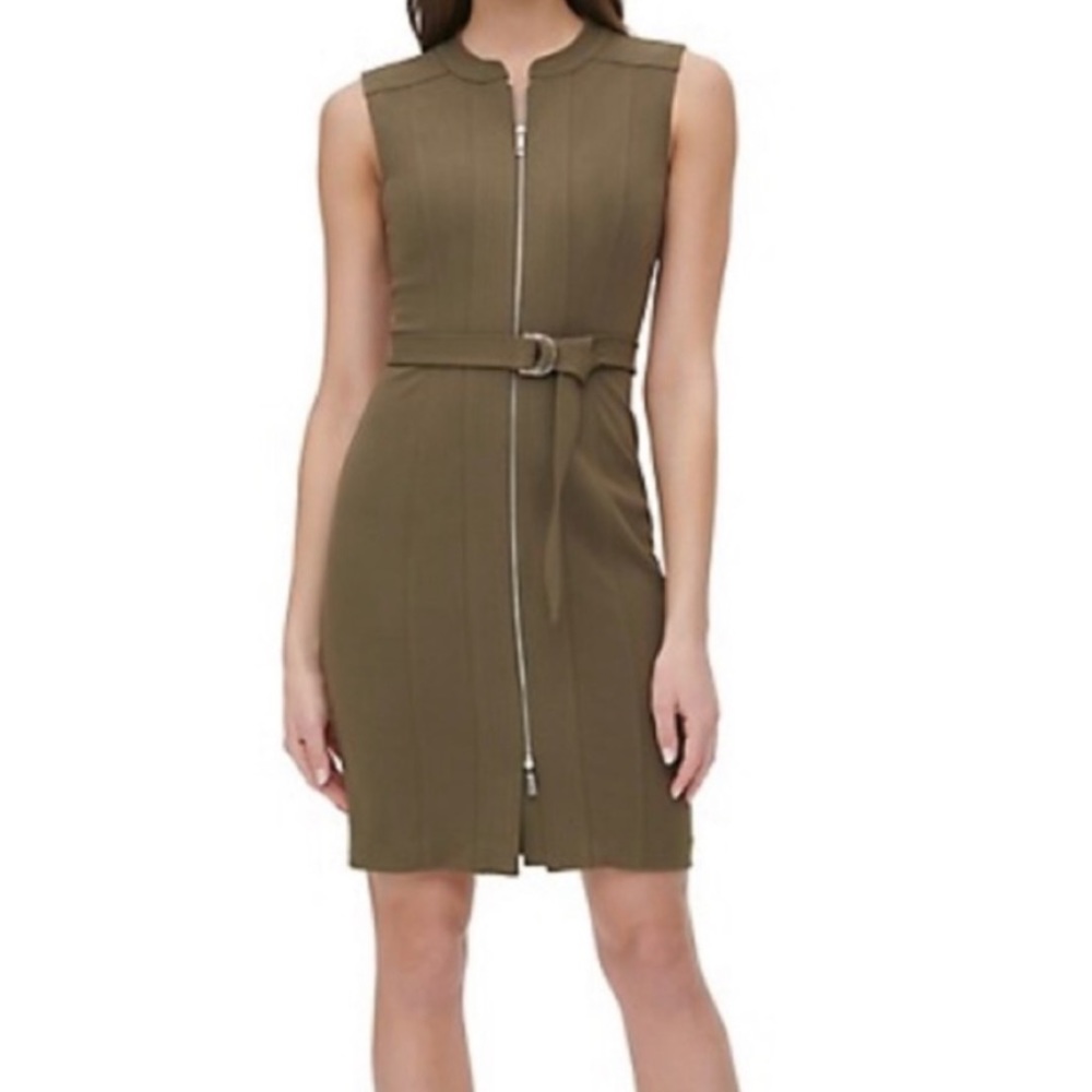 Business Casual Tommy Hilfiger Scuba Zip Front Dress | Olive Cocktail Dress